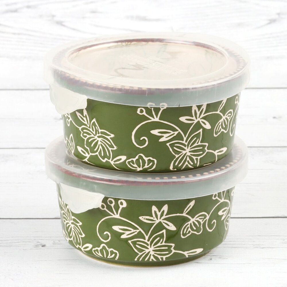 Temp-Tations Floral Lace Green 6 oz Ramekins with Lids - Set of Two